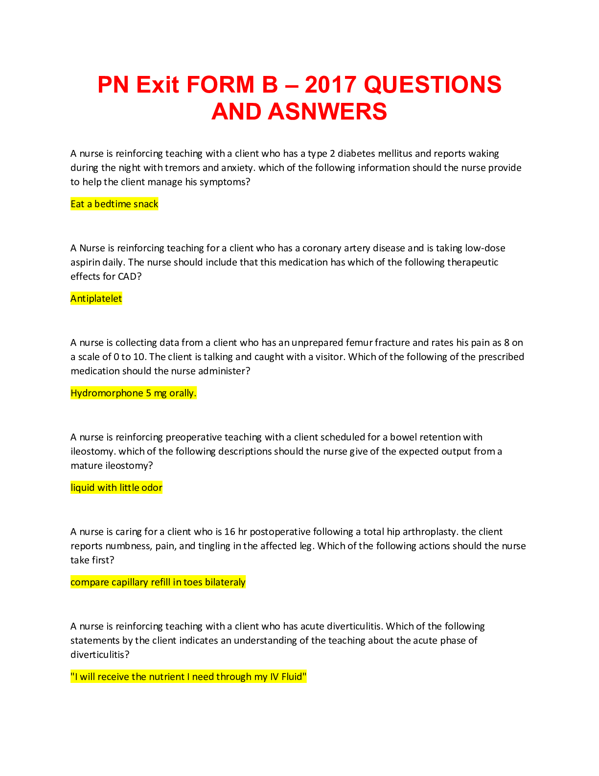 Preview image for ATI PN Exit FORM B – 2017 QUESTIONS AND ASNWERS GRADED A/ STUDY GUIDE TO HELP PASS EXAMS